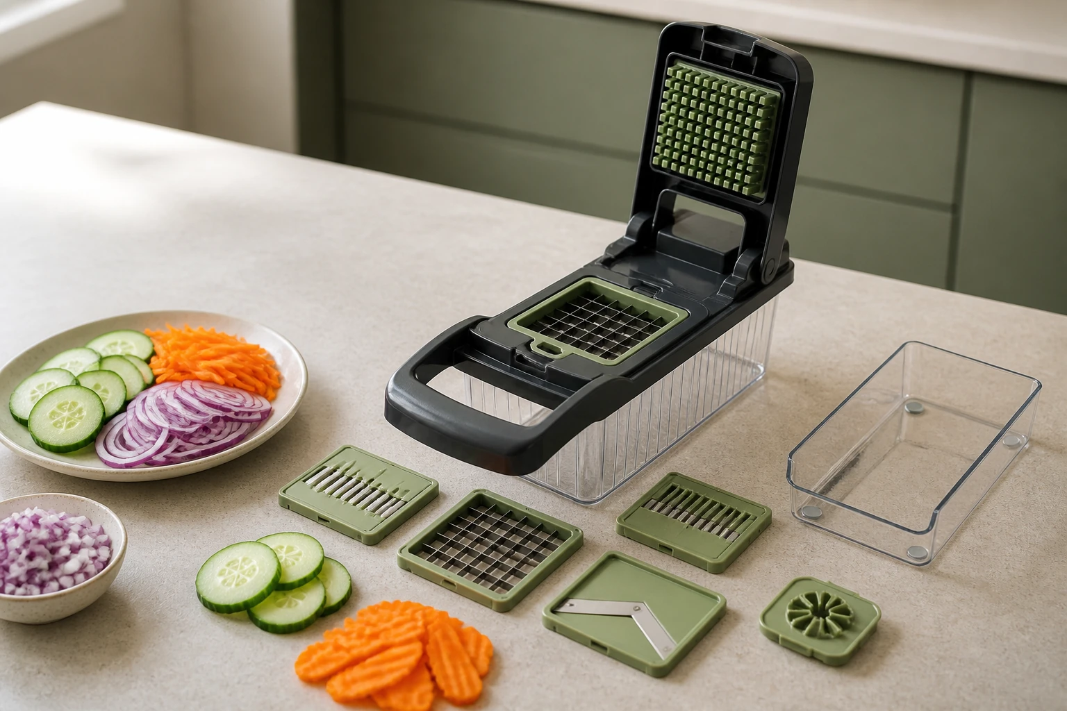 Illustration of vegetable chopper components and cutting inserts