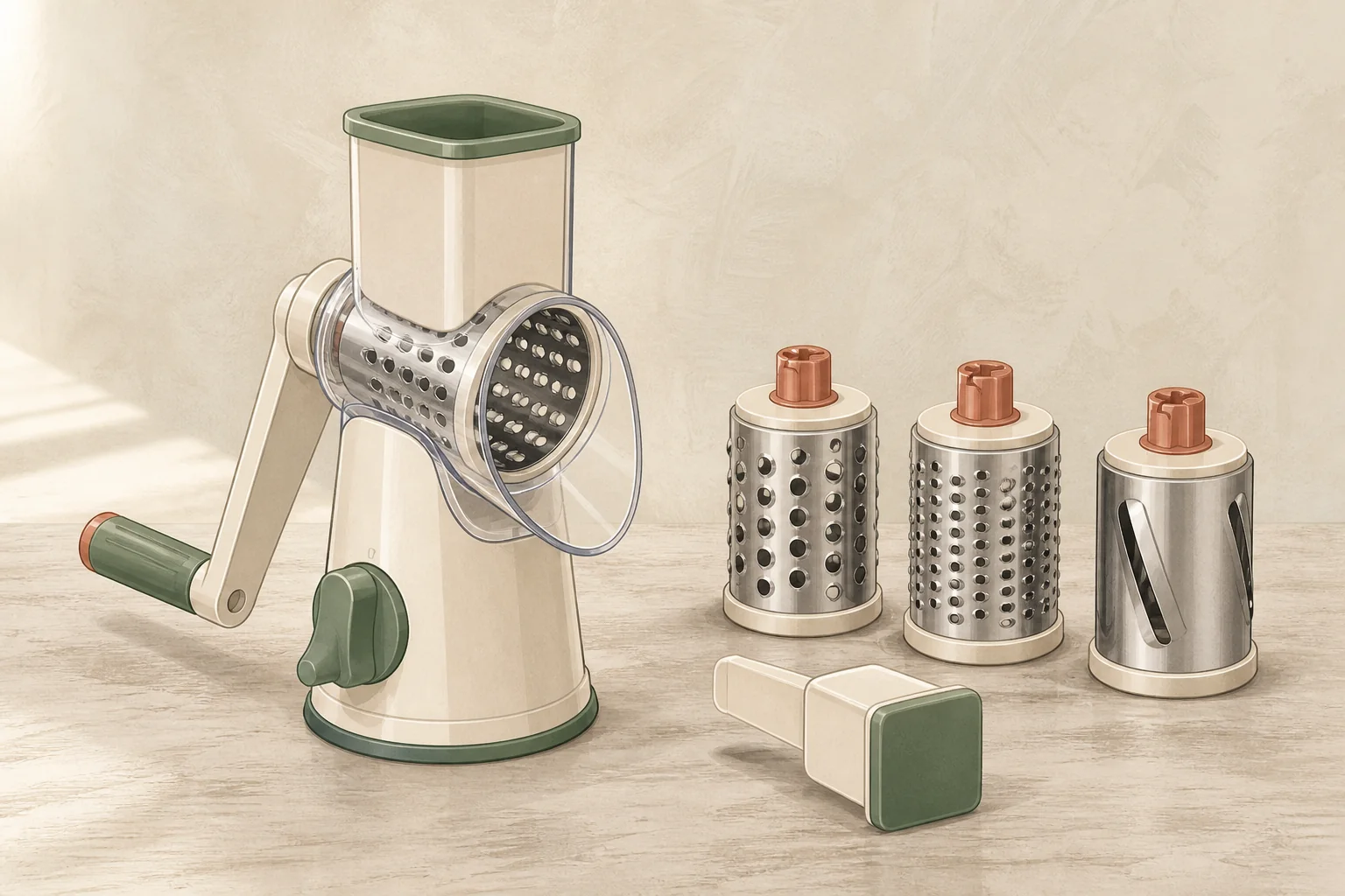 AI-generated illustration of a generic rotary drum grater and sample components