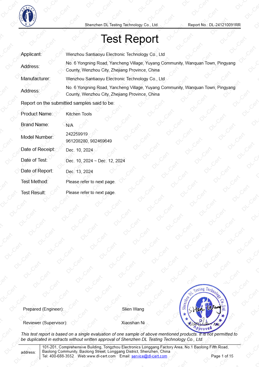 BPA test report for kitchen tools