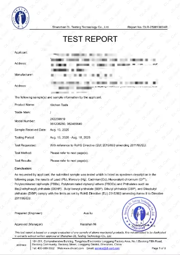 RoHS test report for kitchen tools