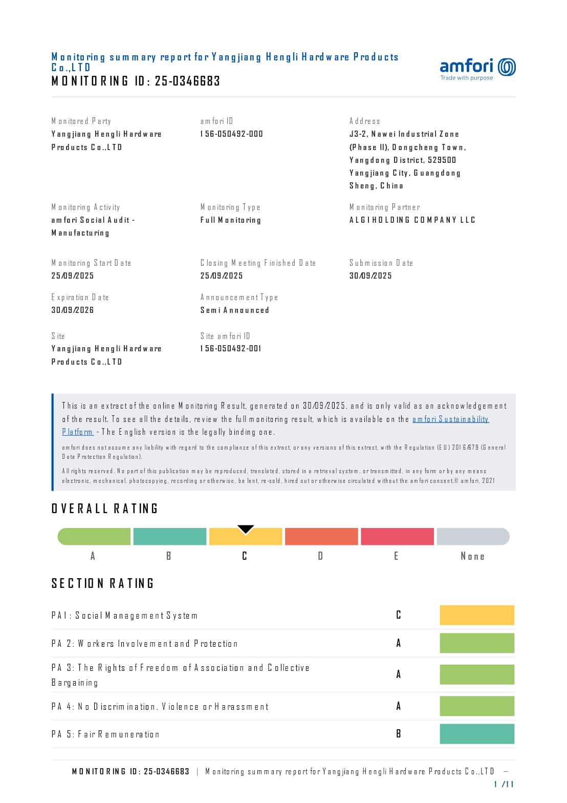 amfori BSCI social audit monitoring summary for Yangjiang Hengli Hardware Products Co., Ltd.