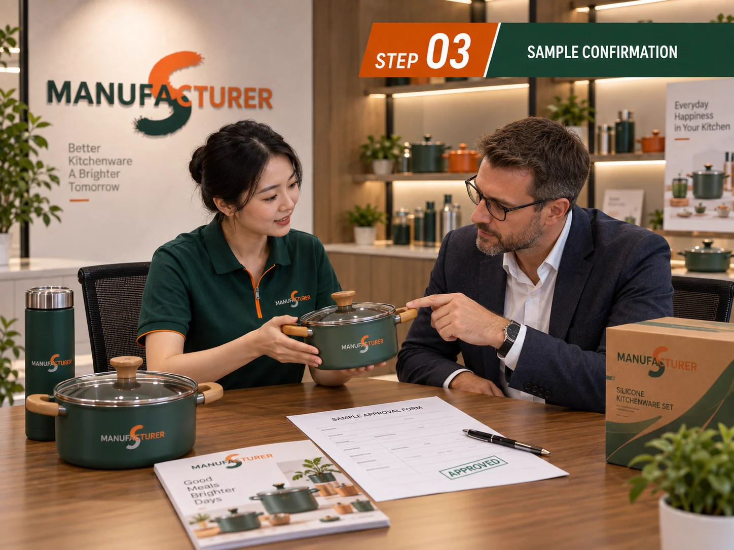 Checking a kitchenware sample before bulk-order approval
