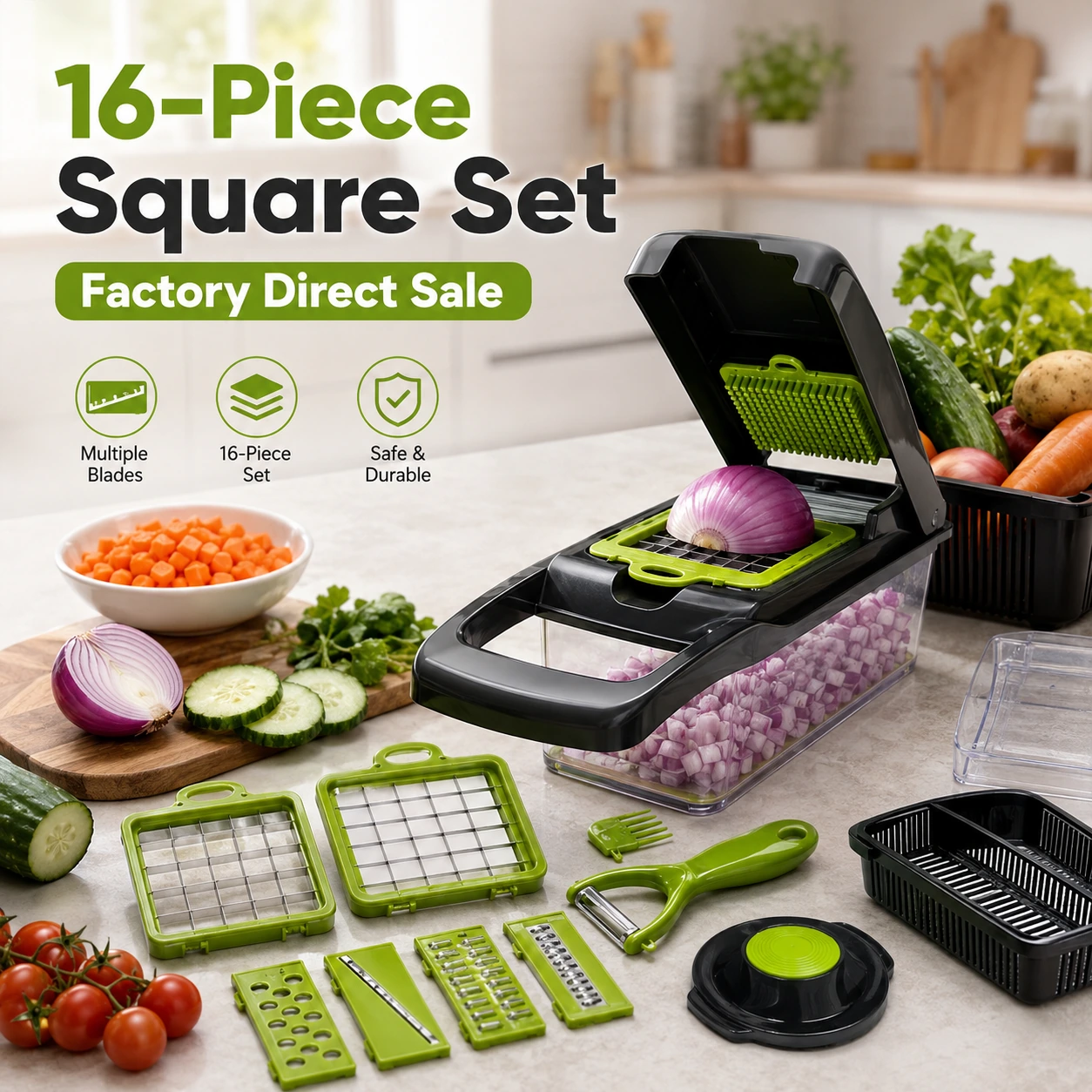 16-piece manual chopper set with vegetable cutting accessories
