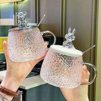 bear lid glass mug with spoon