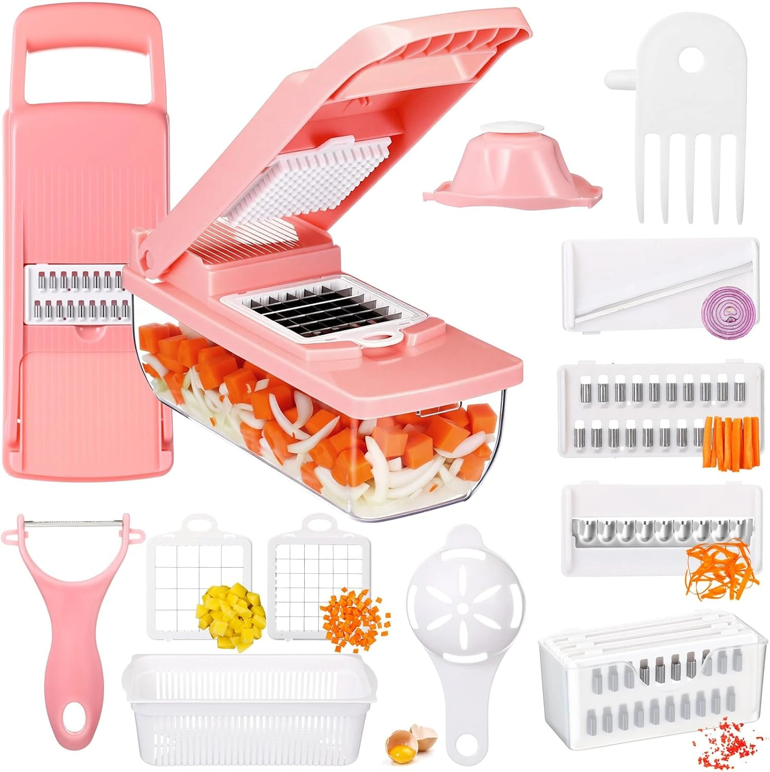 Pink 15-in-1 vegetable chopper and detachable accessories
