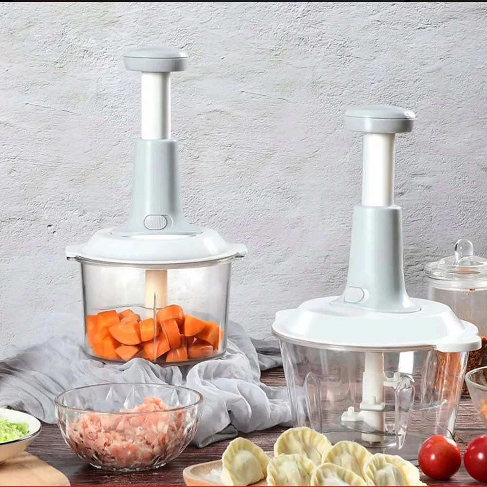 Two white hand-push vegetable choppers with clear bowls
